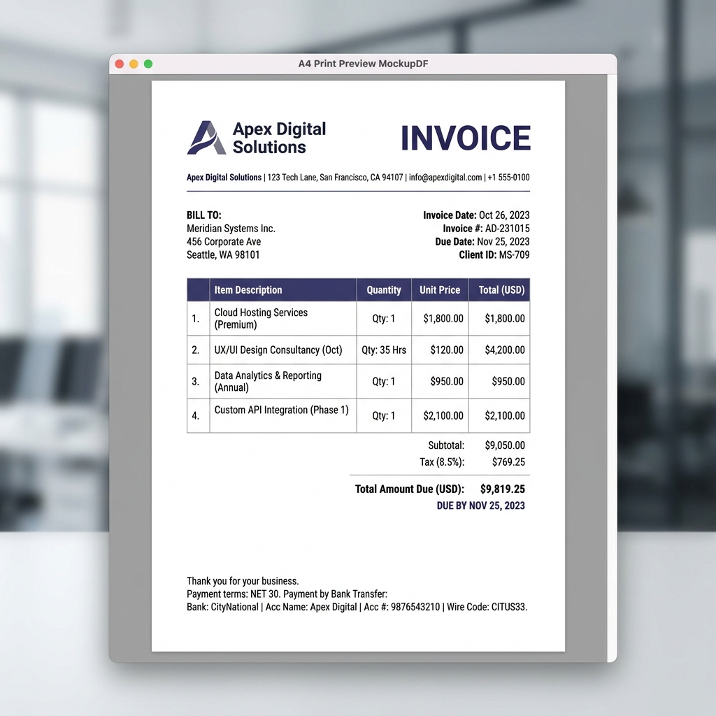 Professional invoice PDF preview